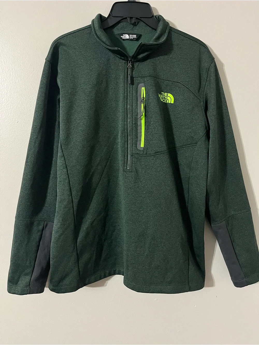 The North Face Mens 1/4 Zip Fleece Pullover Green Grey Neon Sz L